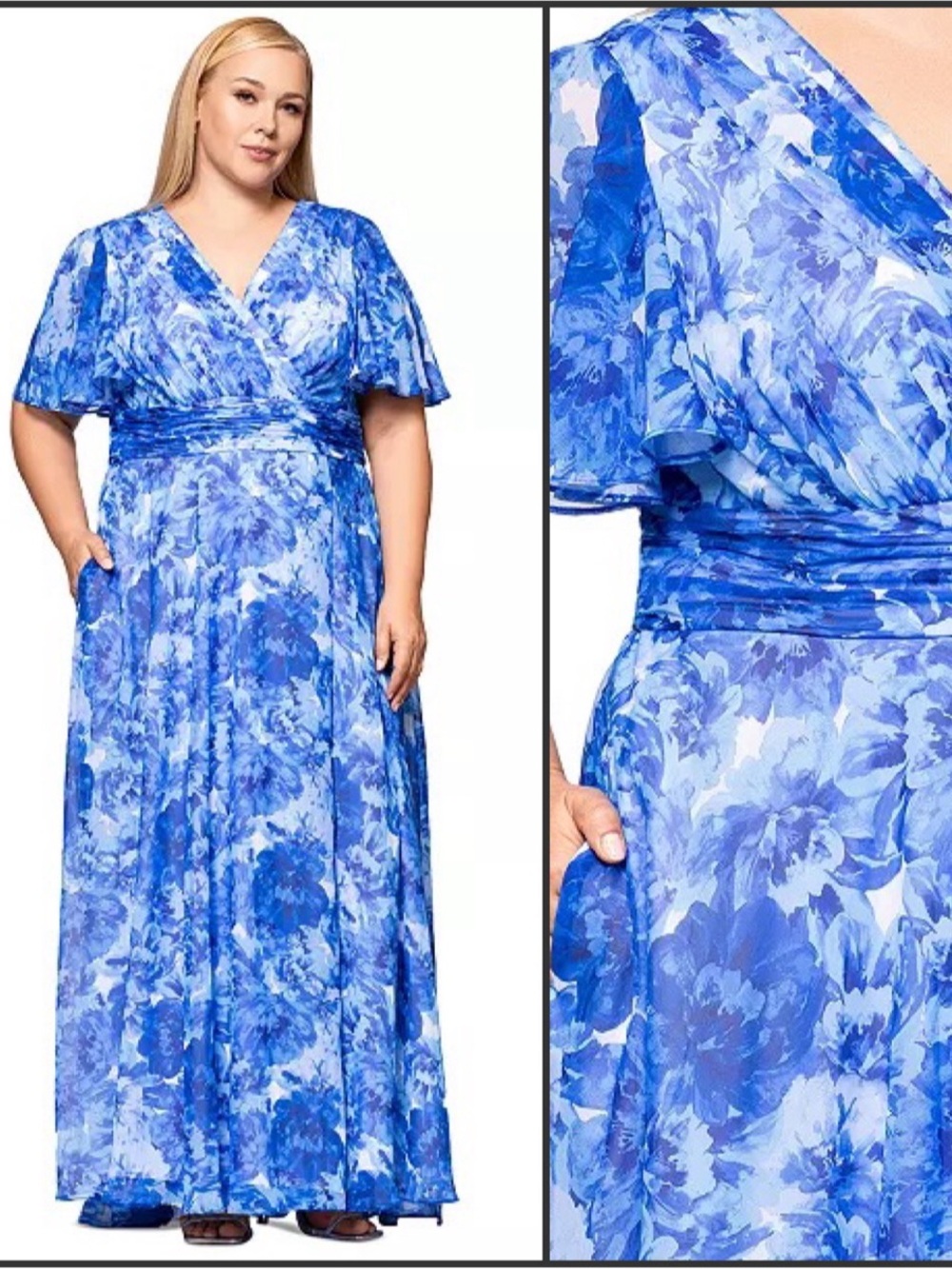 NWT Betsy & Adam Blue Plus Suze Floral Gown Size 20W 20